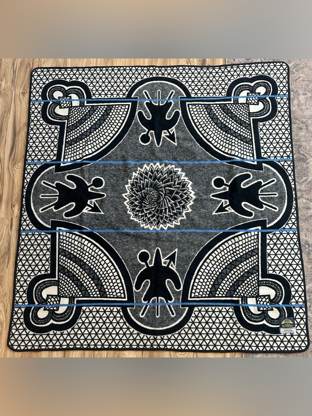 Authentic Basotho Kharetsa Wool Heritage Blanket Throw Black White Blue Line